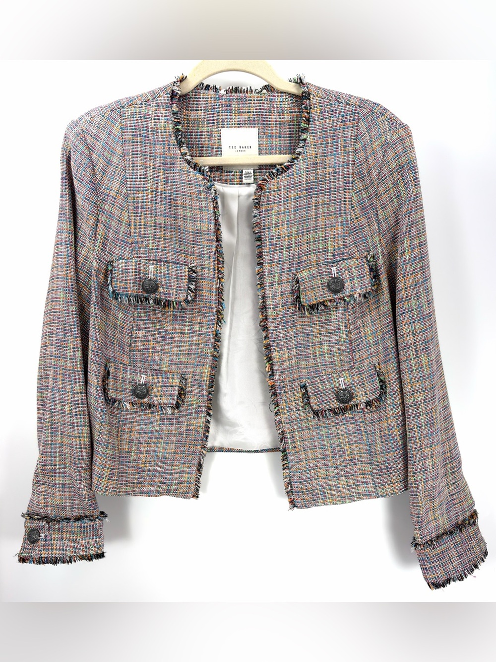 Ted Baker Mayumi Multicolor Tweed Fringe Jacket Size 2 US/6-8